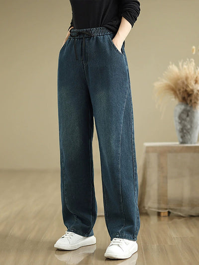 Women Autumn Retro Fleece-lined Denim Straight Pants
