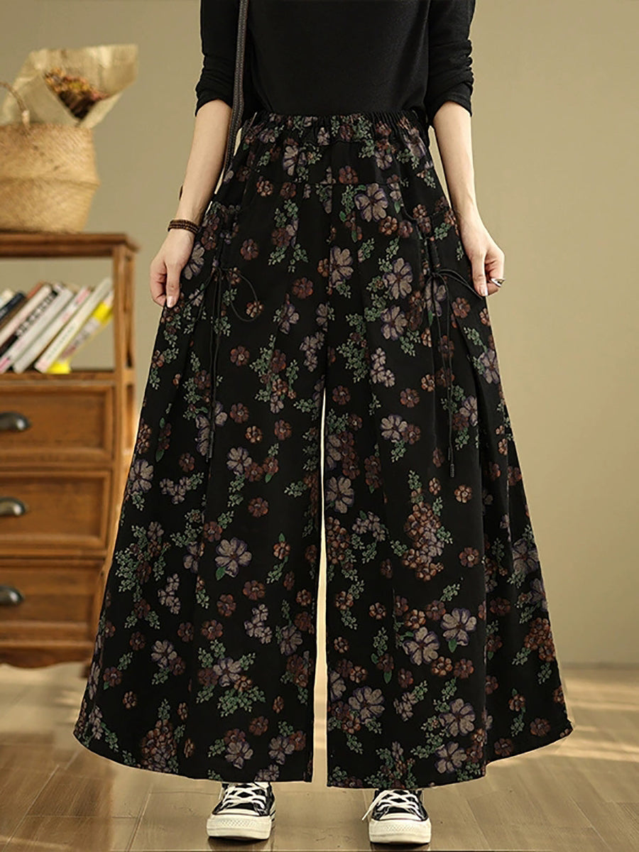 Women Autumn Artsy Flower Denim Wide-leg Pants