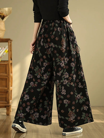 Women Autumn Artsy Flower Denim Wide-leg Pants