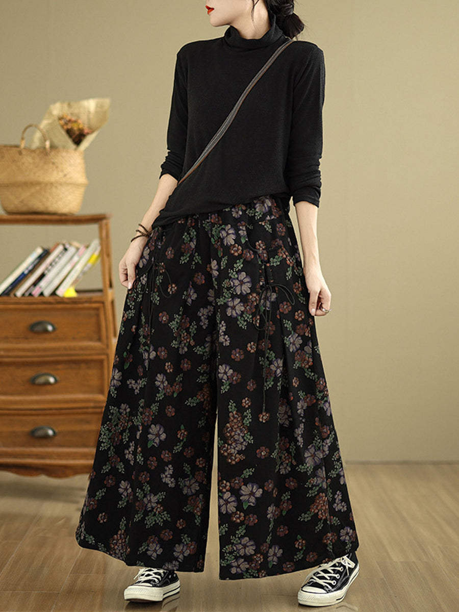 Women Autumn Artsy Flower Denim Wide-leg Pants