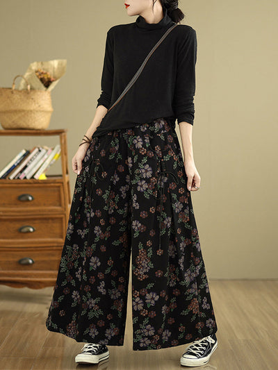 Women Autumn Artsy Flower Denim Wide-leg Pants