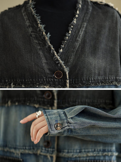 Women Winter Retro Denim Spliced V-Neck Coat