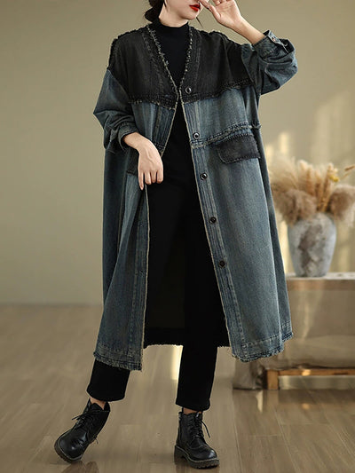 Women Winter Retro Denim Spliced V-Neck Coat