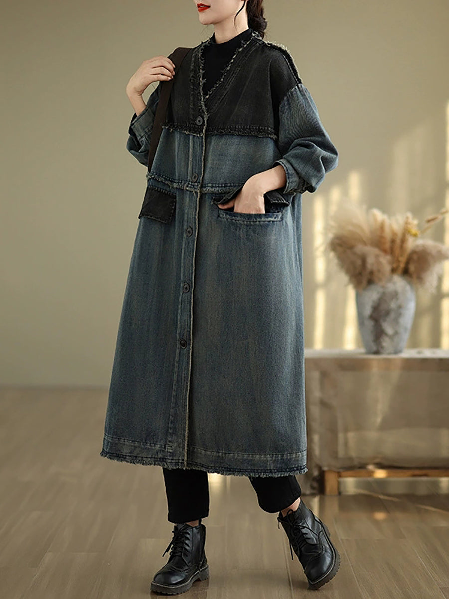 Women Winter Retro Denim Spliced V-Neck Coat
