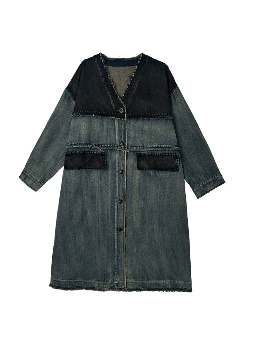 Women Winter Retro Denim Spliced V-Neck Coat