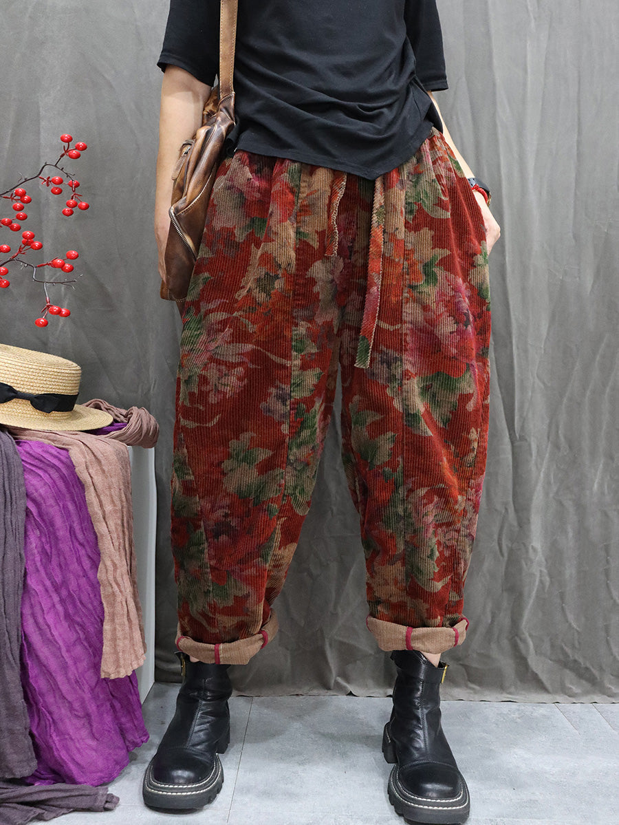 Women Winter Retro Flower Corduroy Harem Pants