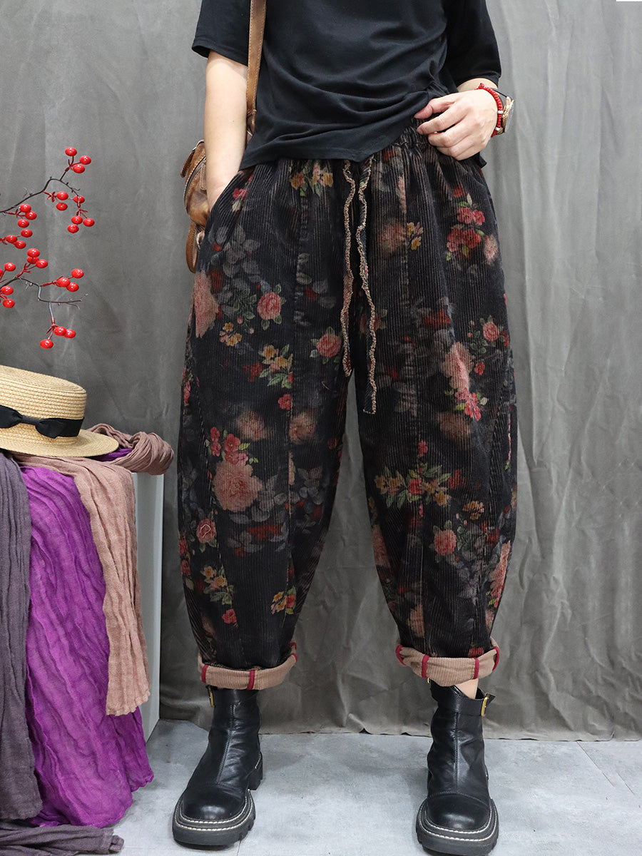 Women Winter Retro Flower Corduroy Harem Pants