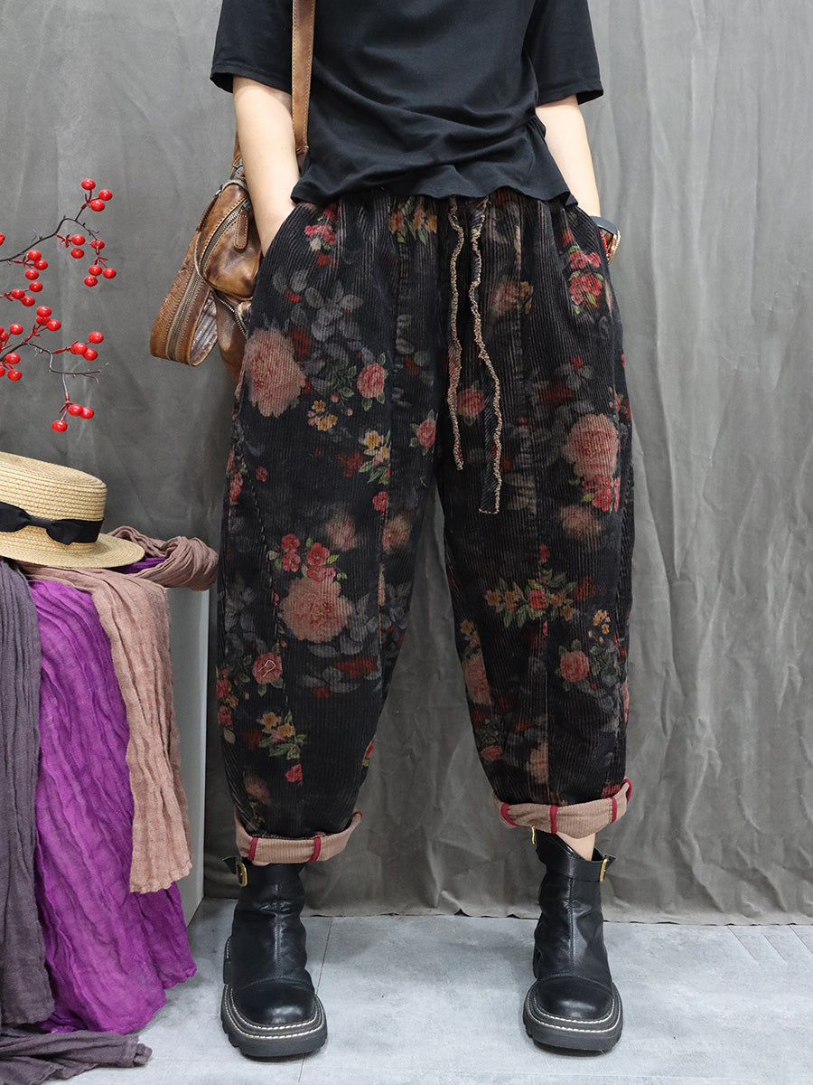 Women Winter Retro Flower Corduroy Harem Pants