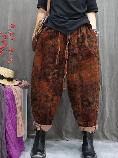 Women Winter Retro Flower Corduroy Harem Pants