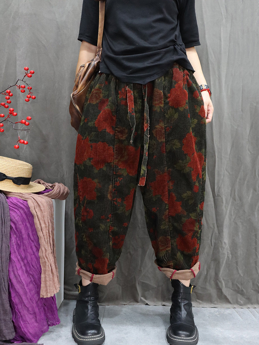 Women Winter Retro Flower Corduroy Harem Pants