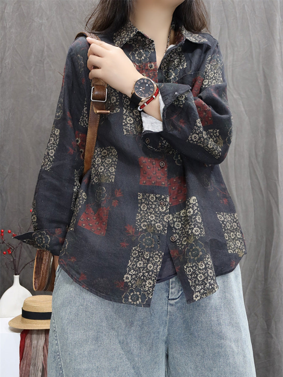 Women Autumn Flower 100%Linen Turn-down Collar Shirt