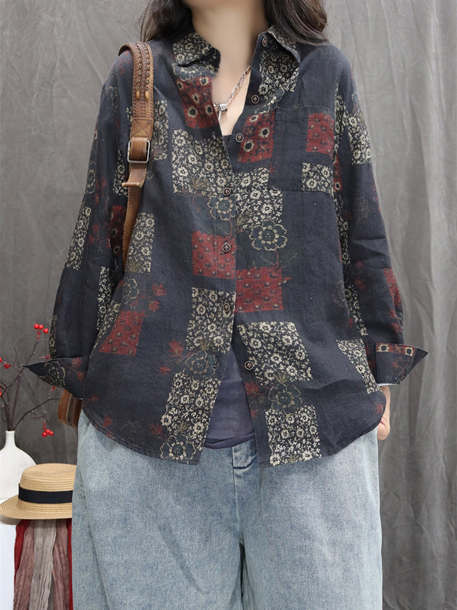 Women Autumn Flower 100%Linen Turn-down Collar Shirt