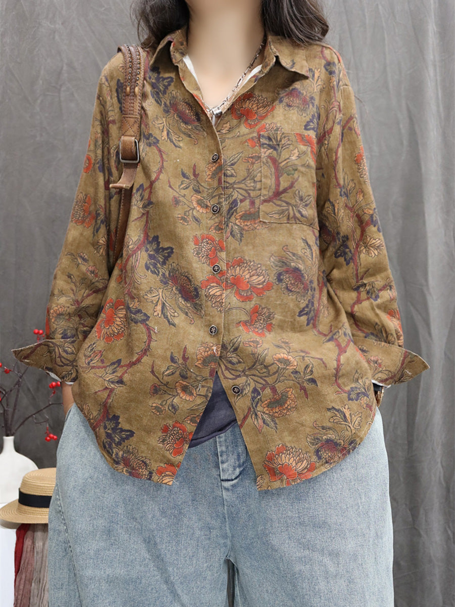 Women Autumn Flower 100%Linen Turn-down Collar Shirt