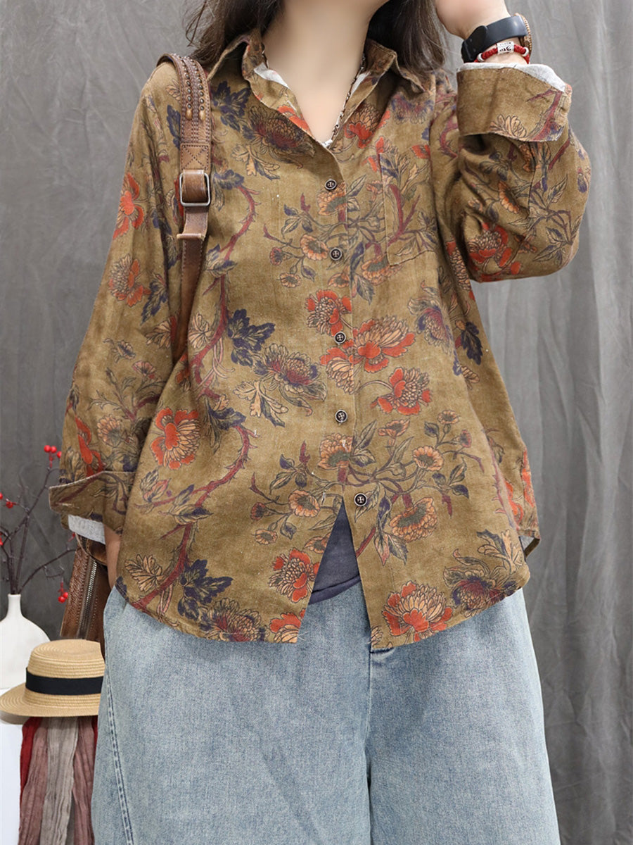 Women Autumn Flower 100%Linen Turn-down Collar Shirt