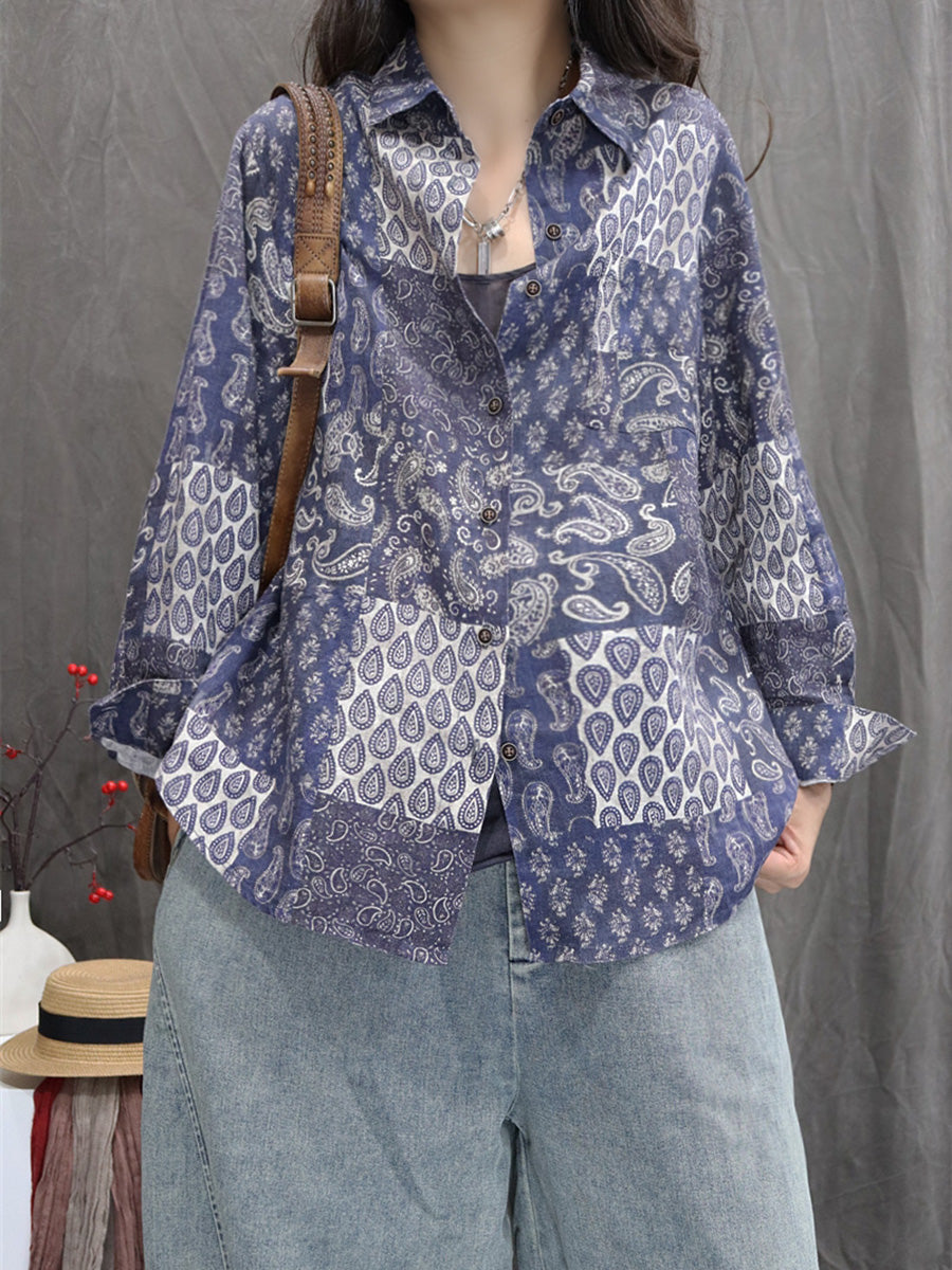 Women Autumn Flower 100%Linen Turn-down Collar Shirt
