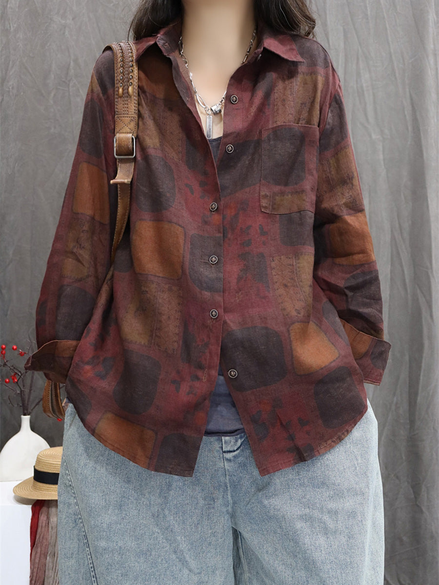 Women Autumn Flower 100%Linen Turn-down Collar Shirt