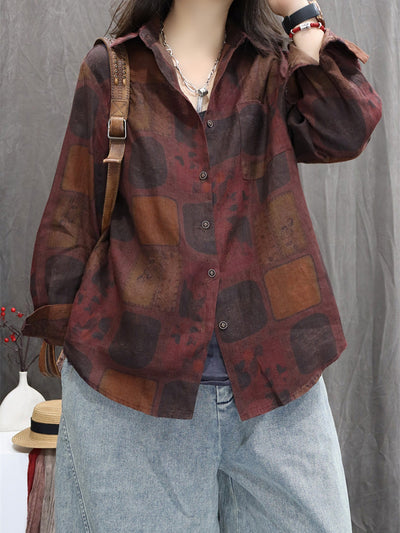 Women Autumn Flower 100%Linen Turn-down Collar Shirt