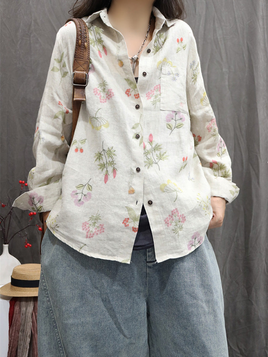 Women Autumn Flower 100%Linen Turn-down Collar Shirt