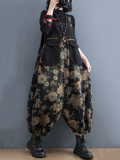 Women Autumn Retro Flower Denim Harem Jumpsuits