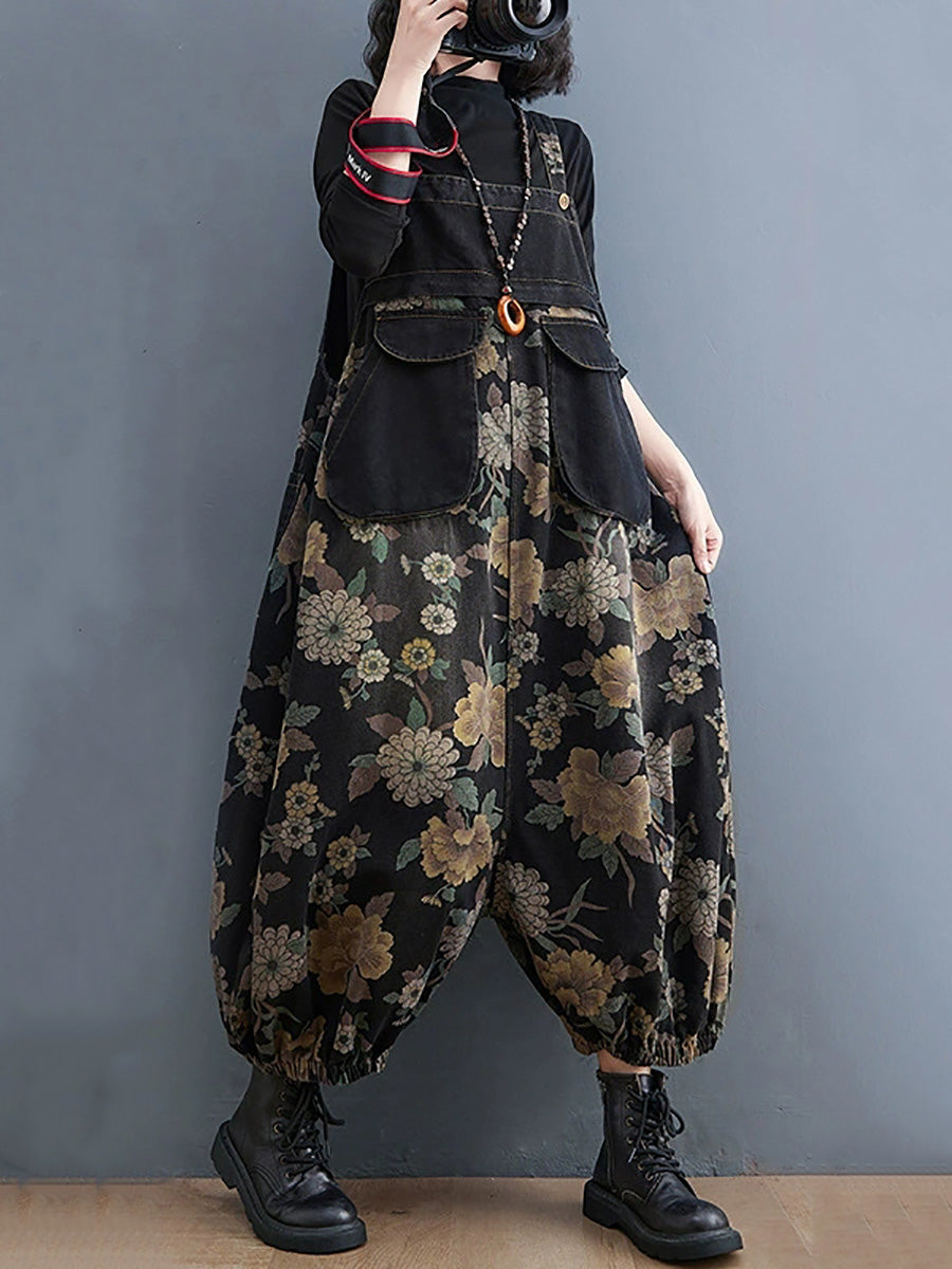Women Autumn Retro Flower Denim Harem Jumpsuits