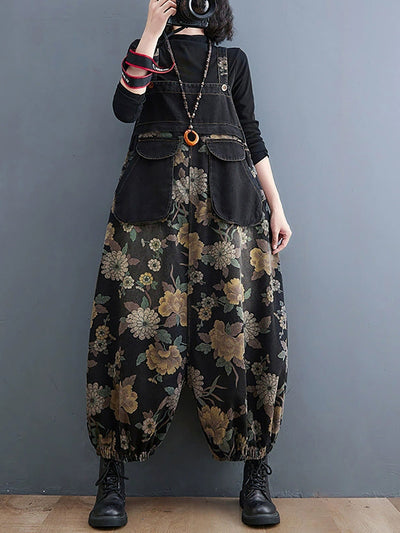 Women Autumn Retro Flower Denim Harem Jumpsuits