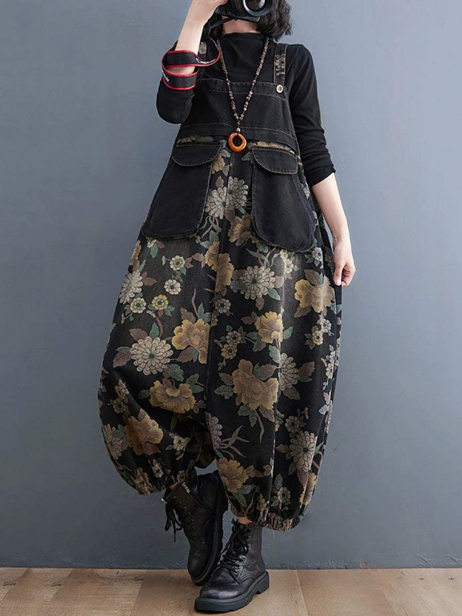 Women Autumn Retro Flower Denim Harem Jumpsuits