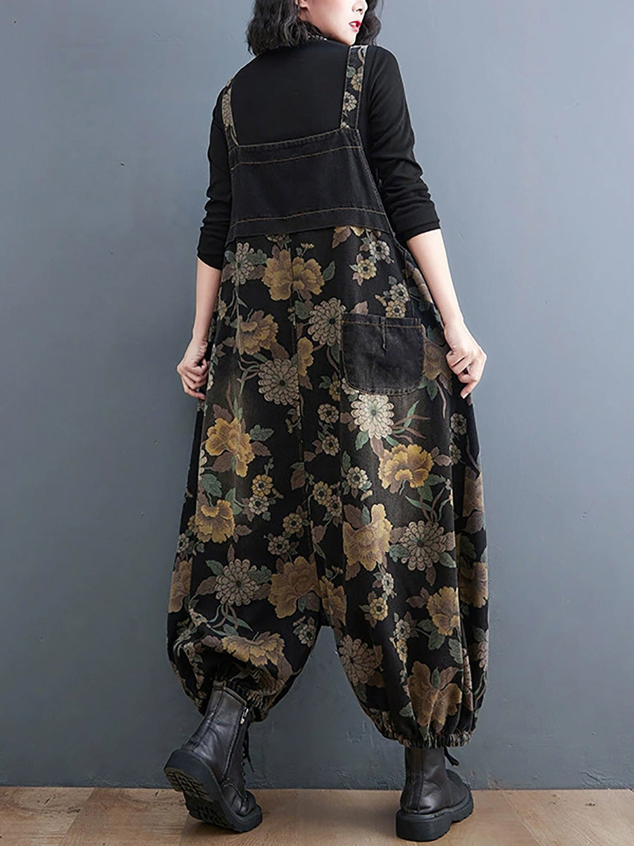 Women Autumn Retro Flower Denim Harem Jumpsuits