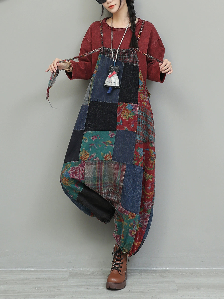 Women Vintage Patchwork Cotton Loose Jumpsuits