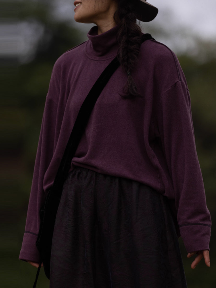 Women Autumn Retro Pure Color Turtleneck Blouse