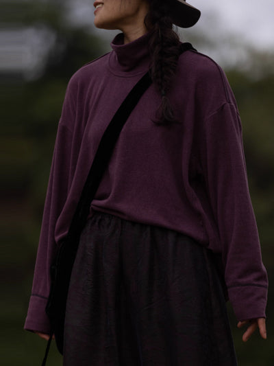 Women Autumn Retro Pure Color Turtleneck Blouse