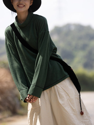 Women Autumn Retro Pure Color Turtleneck Blouse