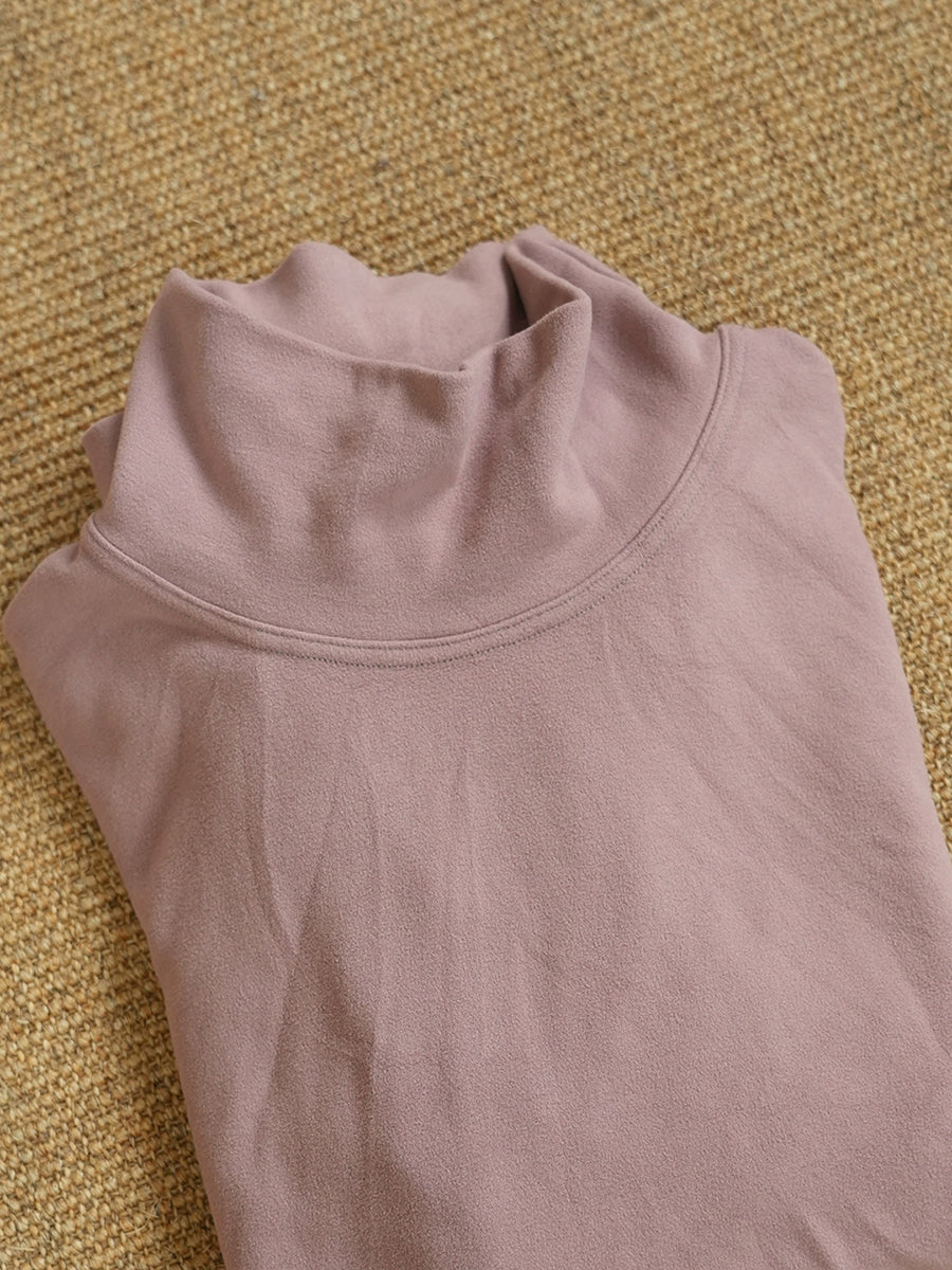 Women Autumn Retro Pure Color Turtleneck Blouse