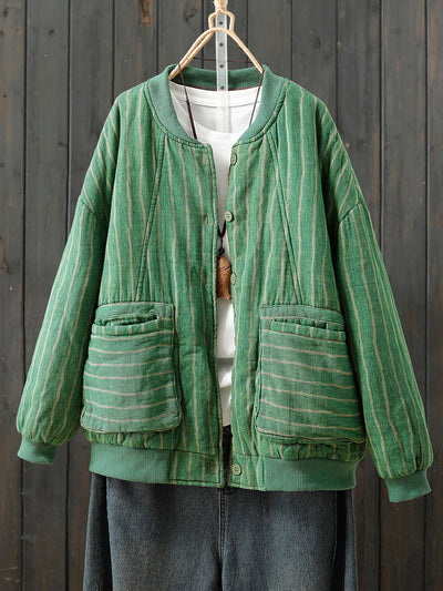 Women Retro Autumn Stripe Stand Collar Cotton Padded Coat