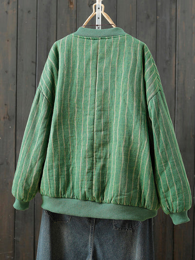Women Retro Autumn Stripe Stand Collar Cotton Padded Coat