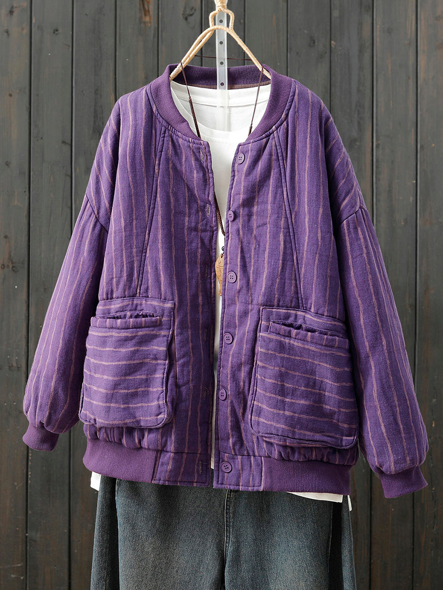Women Retro Autumn Stripe Stand Collar Cotton Padded Coat