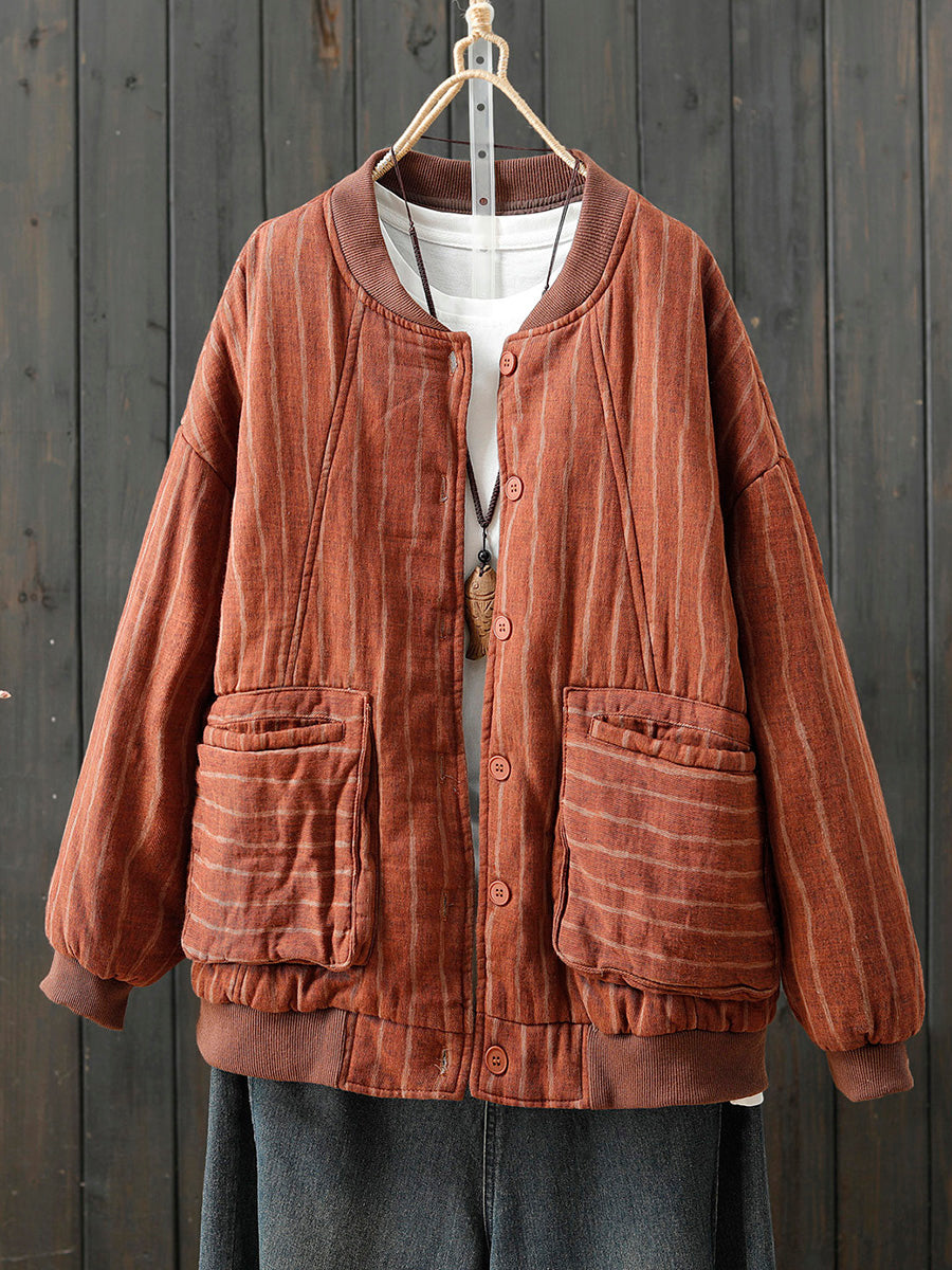 Women Retro Autumn Stripe Stand Collar Cotton Padded Coat