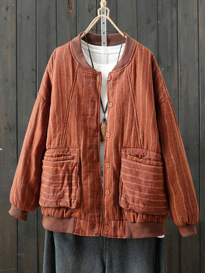 Women Retro Autumn Stripe Stand Collar Cotton Padded Coat
