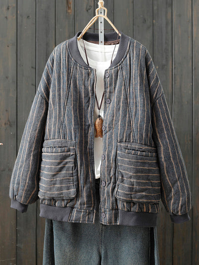 Women Retro Autumn Stripe Stand Collar Cotton Padded Coat