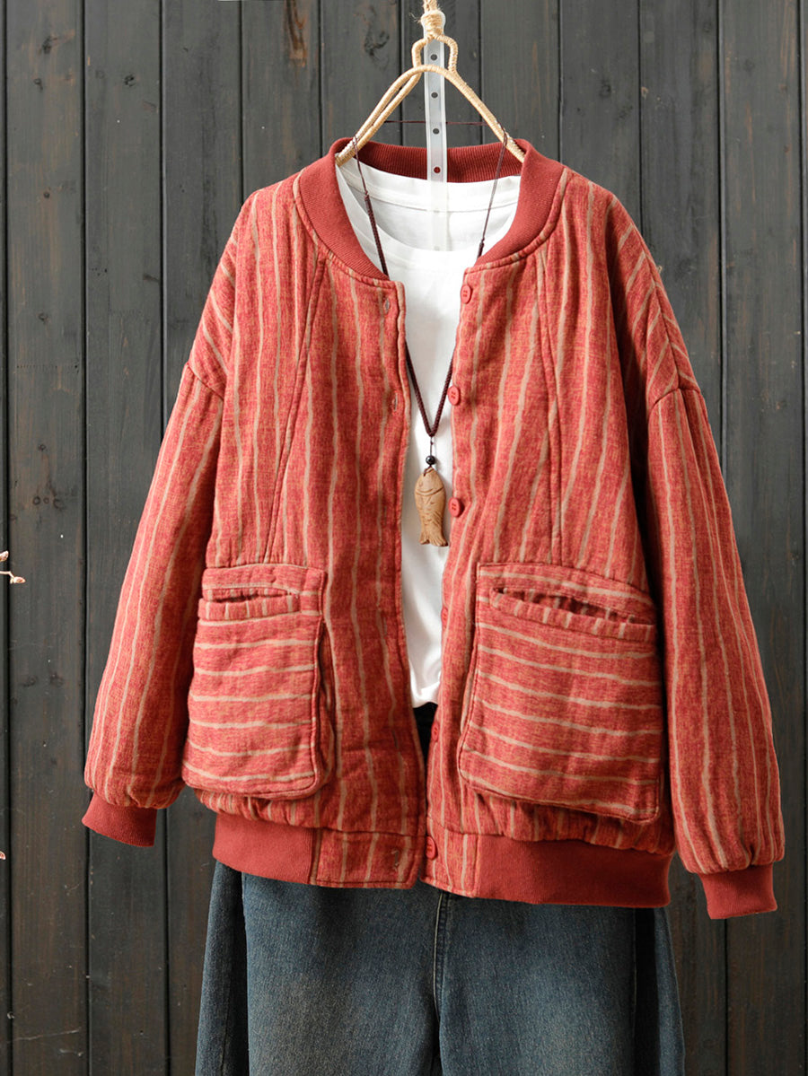 Women Retro Autumn Stripe Stand Collar Cotton Padded Coat
