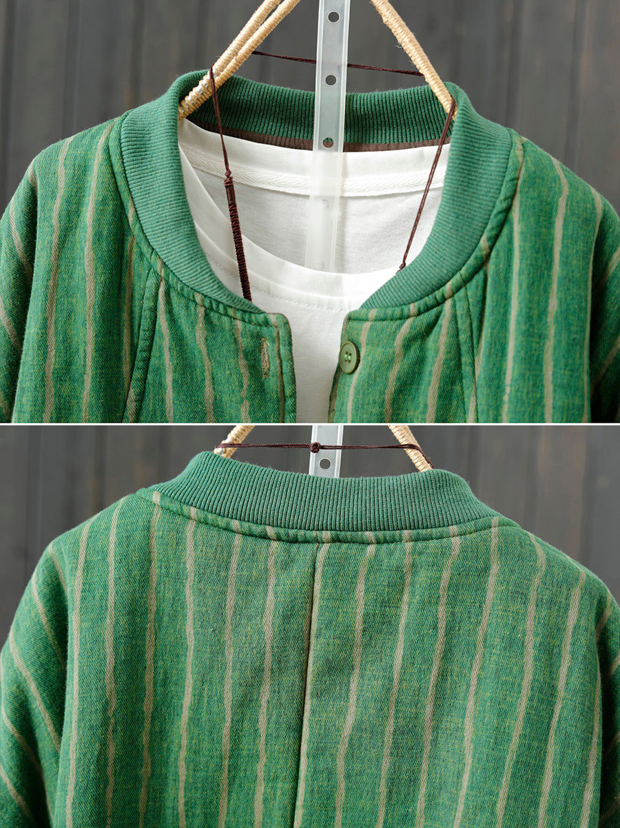 Women Retro Autumn Stripe Stand Collar Cotton Padded Coat