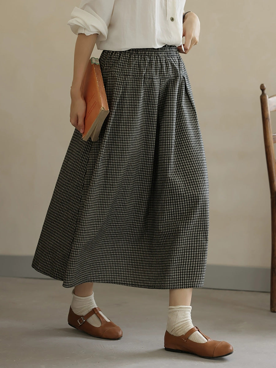 Women Autumn Vintage Lattice A-Shape 100%Cotton Skirt