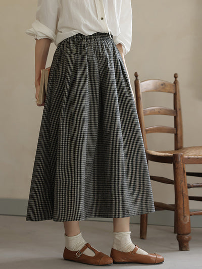 Women Autumn Vintage Lattice A-Shape 100%Cotton Skirt