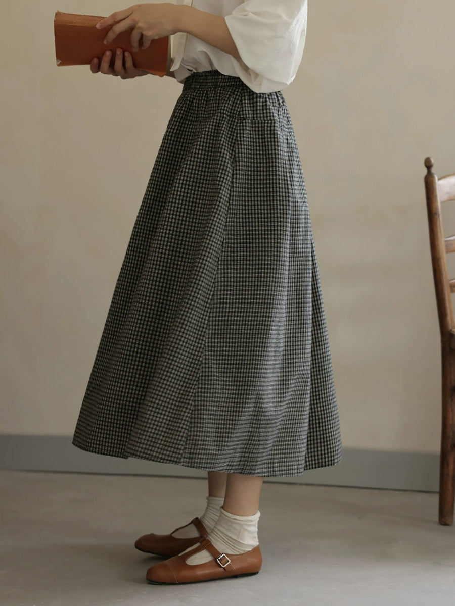 Women Autumn Vintage Lattice A-Shape 100%Cotton Skirt