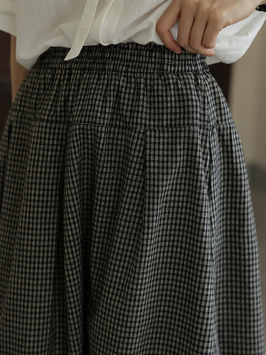 Women Autumn Vintage Lattice A-Shape 100%Cotton Skirt