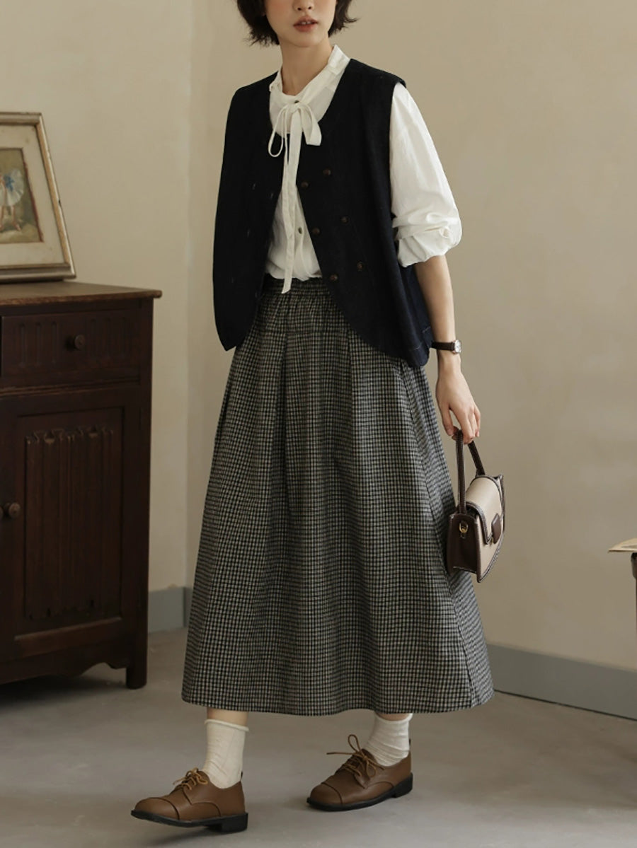 Women Autumn Vintage Lattice A-Shape 100%Cotton Skirt