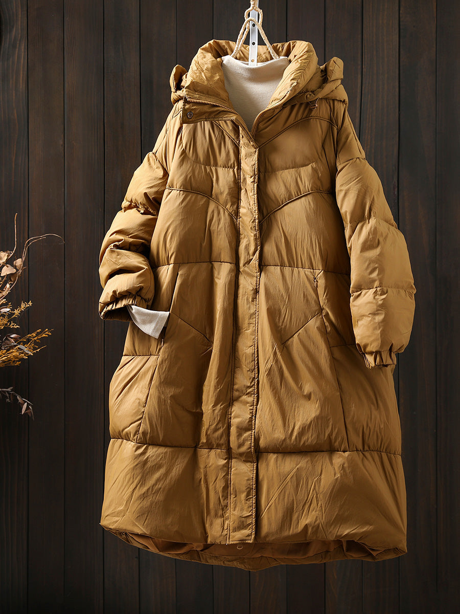 Women Autumn Casual Pure Color Hooded Padded Coat