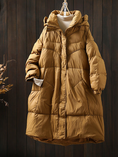 Women Autumn Casual Pure Color Hooded Padded Coat