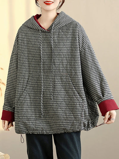 Women Casual Autumn Plaid Cotton Padded Hooded Coat