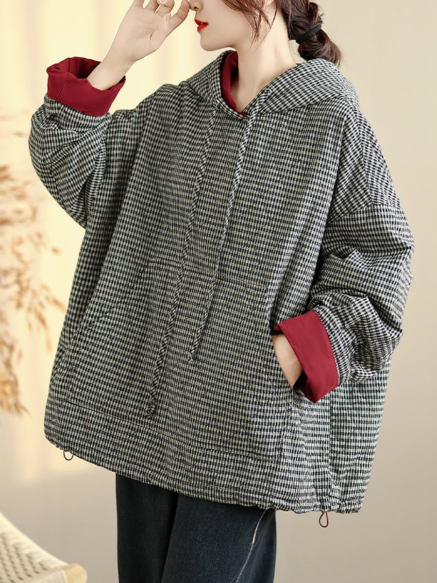 Women Casual Autumn Plaid Cotton Padded Hooded Coat