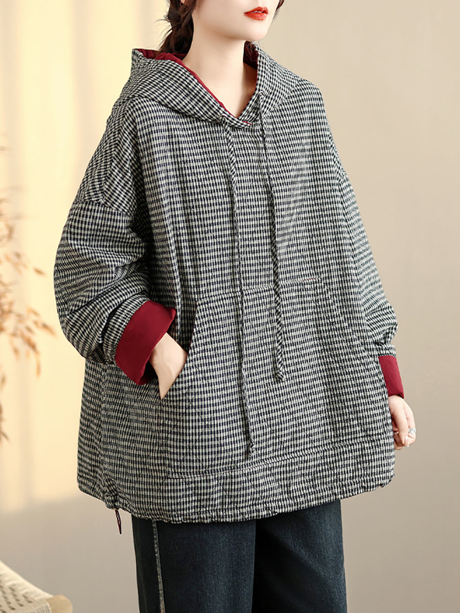 Women Casual Autumn Plaid Cotton Padded Hooded Coat